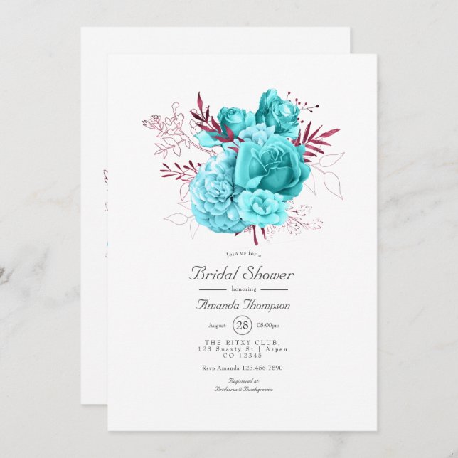 Turquoise and Burgundy Floral Bridal Shower Invita Invitation (Front/Back)