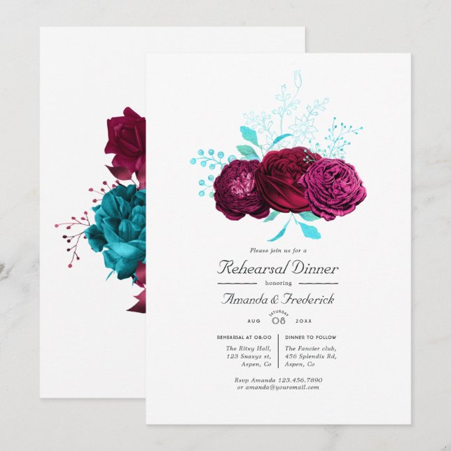 Turquoise and Burgundy Floral Rehearsal Dinner Invitation (Front/Back)