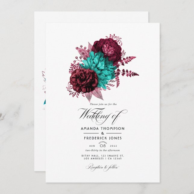 Turquoise and Burgundy Floral Wedding Invitation (Front/Back)