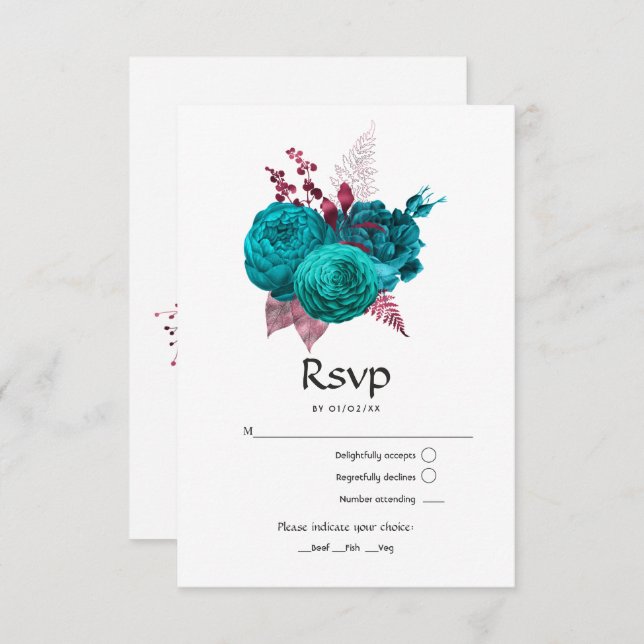 Turquoise and Burgundy Floral Wedding RSVP Card (Front/Back)