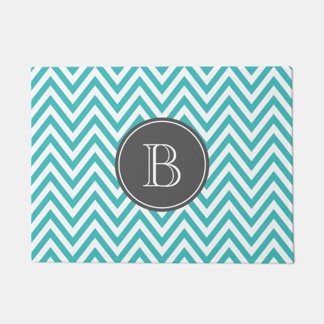Turquoise and Charcoal Chevron Custom Monogram Doormat (Front)