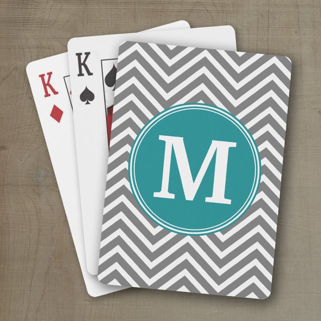 Turquoise and Charcoal Chevrons Custom Monogram Playing Cards (Personalized playing cards with an area for text such as a name or monogram)