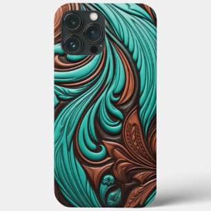 Turquoise and Chocolate Tooled Western Patterns iPhone 13 Pro Max Case