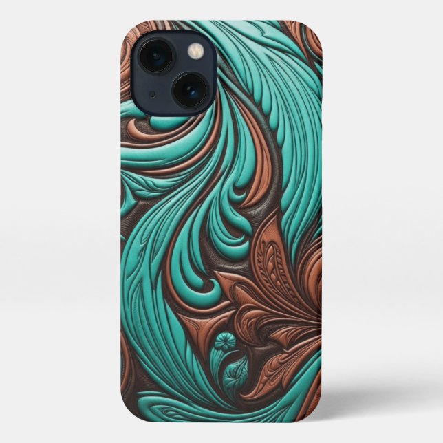 Turquoise and Chocolate Tooled Western Patterns iPhone Case (Back)