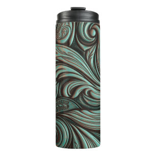 Turquoise and Chocolate Tooled Western Patterns Thermal Tumbler