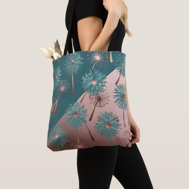  Turquoise and Copper Dandelions Tote Bag (Close Up)