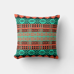 Turquoise and Coral Aztec Inspired Pillow