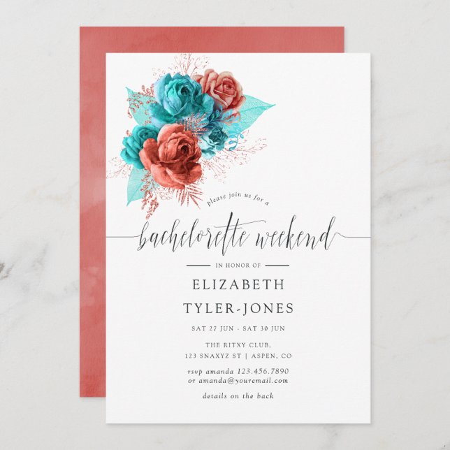 Turquoise and Coral Bachelorette Weekend Itinerary Invitation (Front/Back)