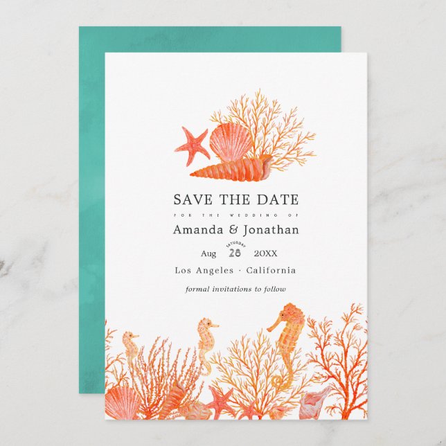 Turquoise and Coral Beach Wedding Photo Save The Date (Front/Back)