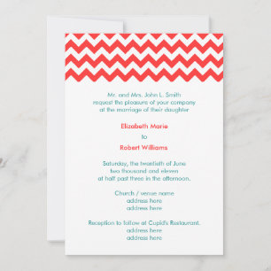Turquoise and Coral Chevron Wedding Invitation