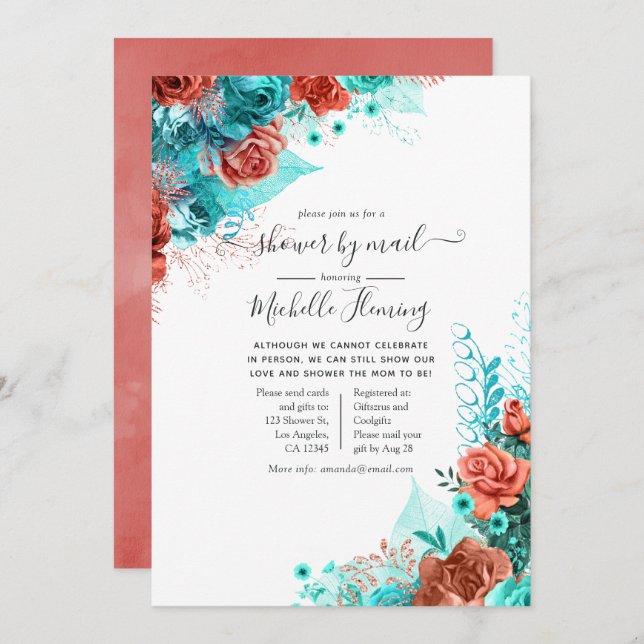 Turquoise and Coral Floral Baby Shower by Mail Invitation (Front/Back)
