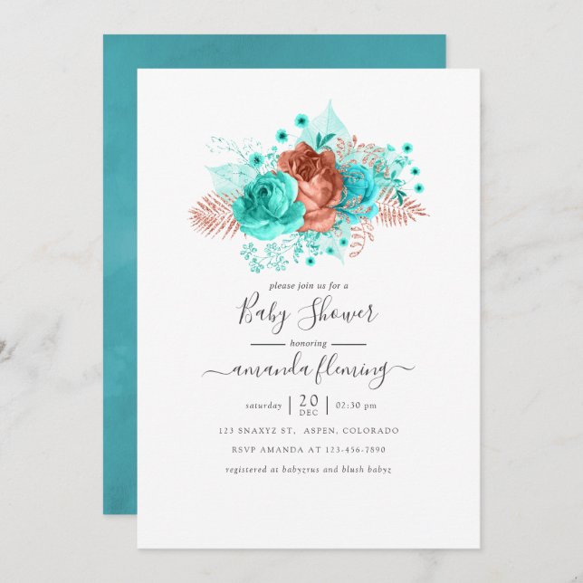 Turquoise and Coral Floral Baby Shower Invitation (Front/Back)