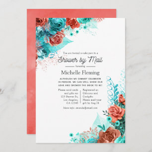 Turquoise and Coral Floral Bridal Shower by Mail Invitation