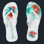 Turquoise and Coral Floral Tropical Wedding Favour Thongs<br><div class="desc">Turquoise and coral roses and tropical foliage summer wedding favours designed to be quickly and easily customised to your event specifics.</div>