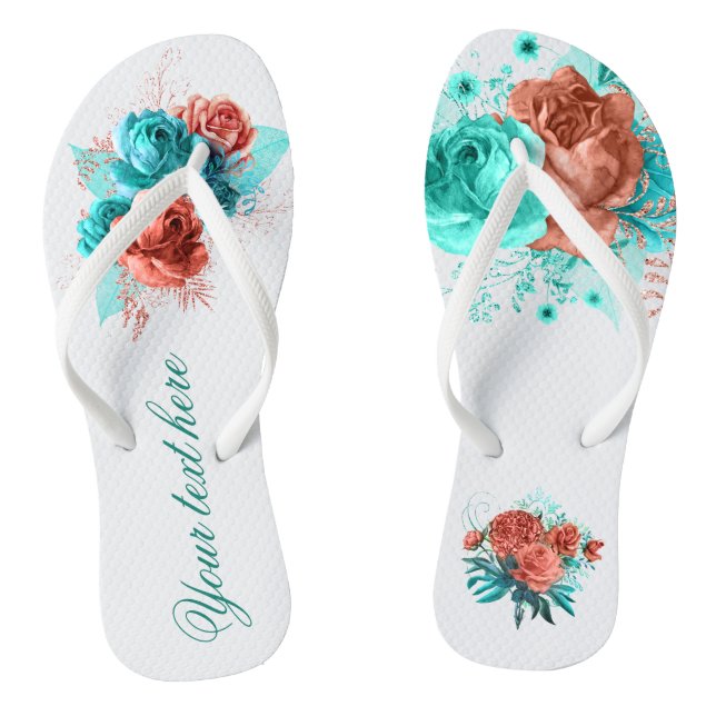 Turquoise and Coral Floral Tropical Wedding Favour Thongs (Footbed)