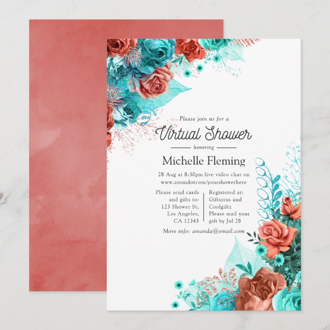 Turquoise and Coral Floral Virtual Baby Shower Invitation (Front/Back)