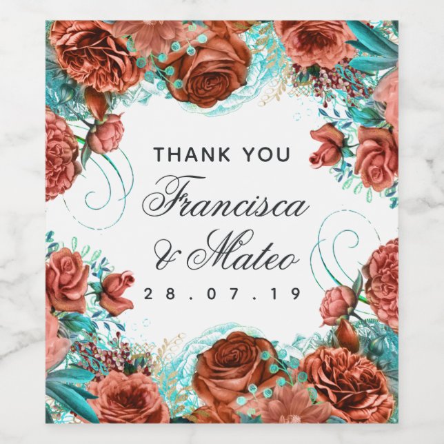 Turquoise and Coral Floral Wedding Guest Thank You Wine Label (Single Label)