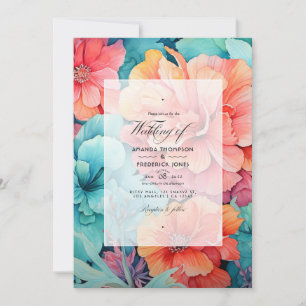 Turquoise and Coral Floral Wedding Invitation