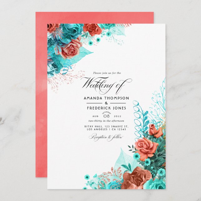 Turquoise and Coral Floral Wedding Photo Invitation (Front/Back)