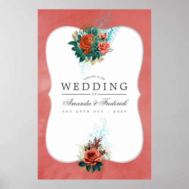 Turquoise and Coral Floral Wedding Welcome Poster (Front)