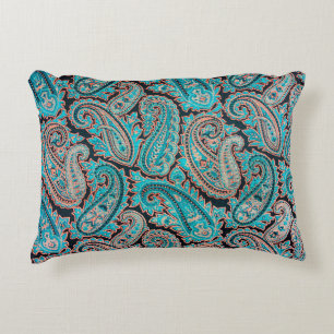 Turquoise and Coral Paisley Decorative Cushion