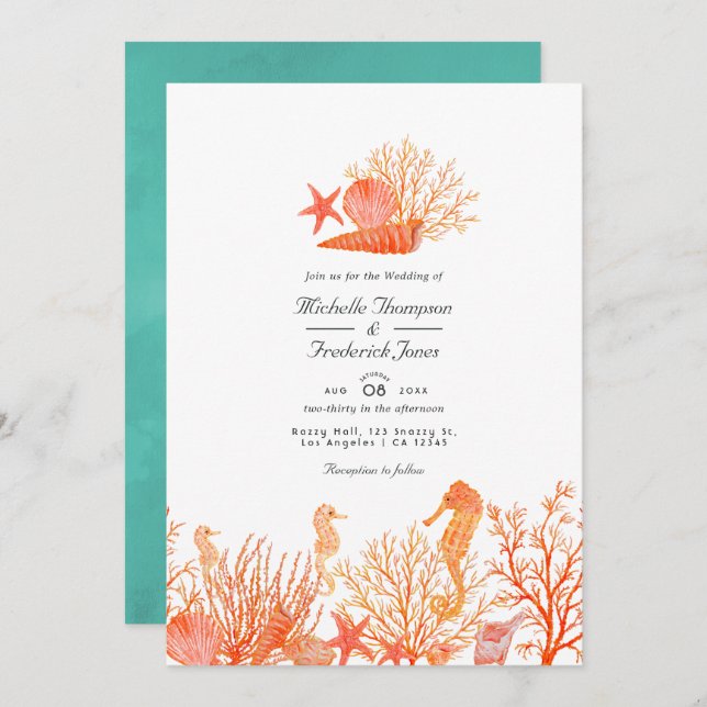 Turquoise and Coral  QR Code RSVP Beach Wedding Invitation (Front/Back)