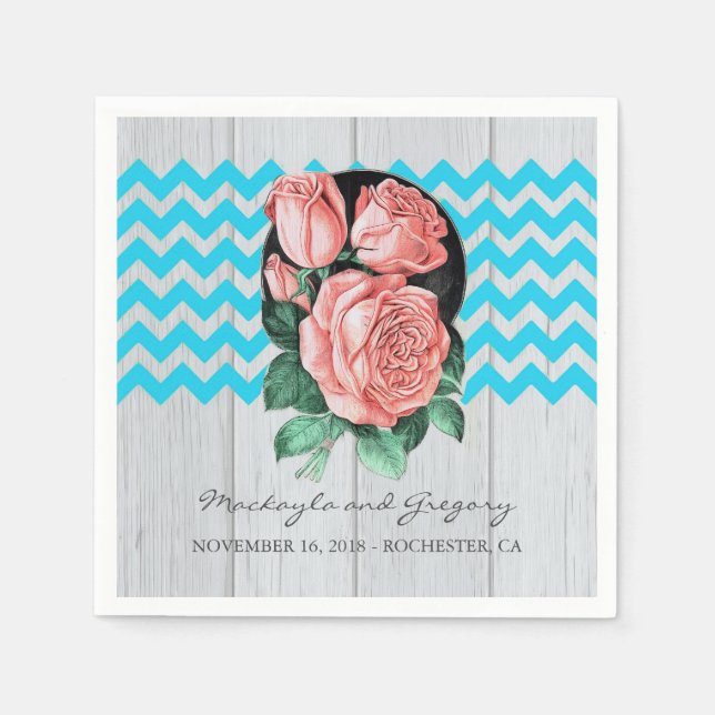 Turquoise and Coral Rustic Chic Wedding Napkin (Front)
