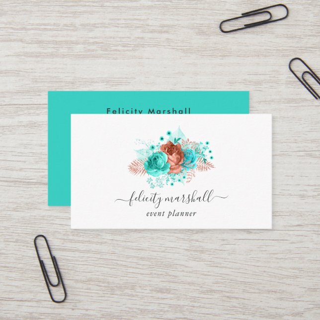 Turquoise and Coral Rustic Floral Business Card (Front/Back In Situ)