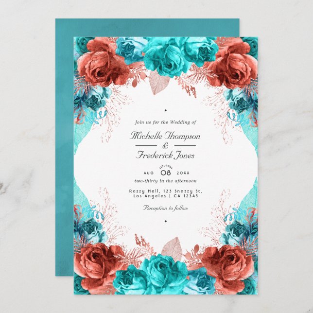 Turquoise and Coral Rustic Floral QR Code Wedding Invitation (Front/Back)