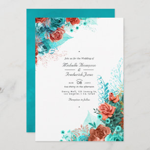 Turquoise and Coral Rustic Floral QR Code Wedding Invitation