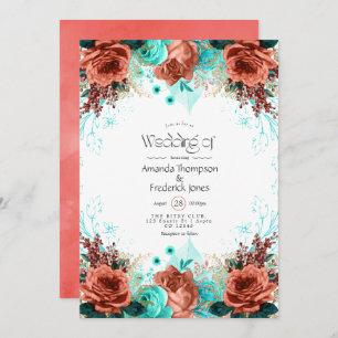Turquoise and Coral Rustic Floral Wedding Invitation