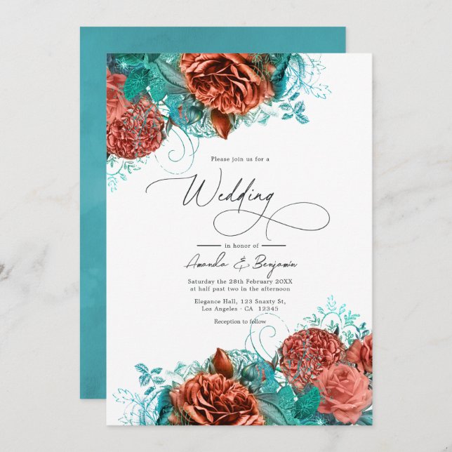 Turquoise and Coral Rustic Floral Wedding Invitation (Front/Back)