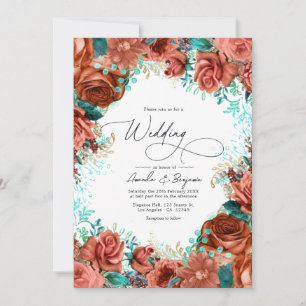 Turquoise and Coral Rustic Floral Wedding Invitation