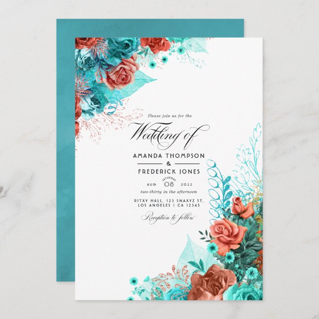 Turquoise and Coral Rustic Floral Wedding Photo Invitation (Front/Back)