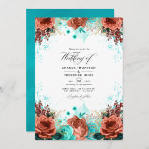 Turquoise and Coral Rustic Floral Wedding Photo Invitation