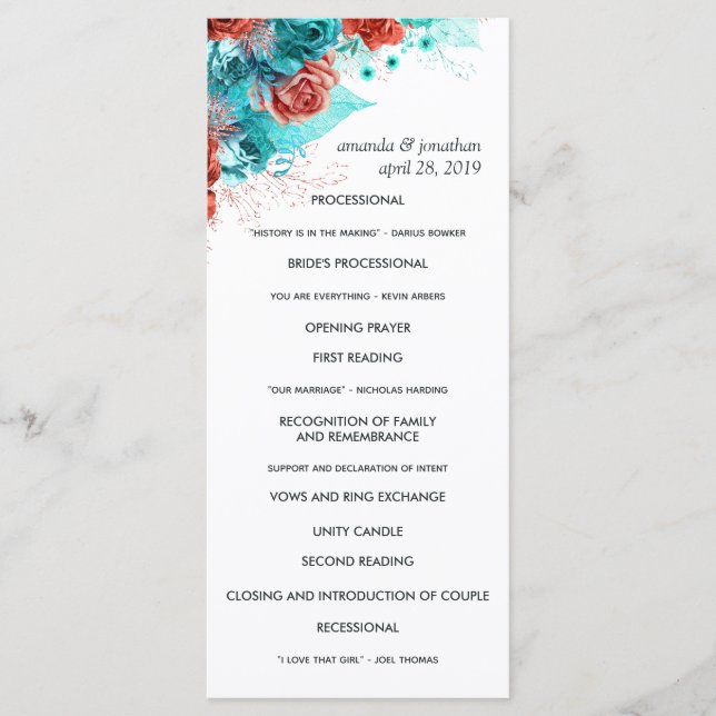 Turquoise and Coral Rustic Floral Wedding Program (Front)