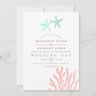 Turquoise and Coral themed Beach Wedding Invitation
