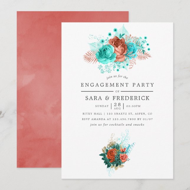 Turquoise and Coral Tropical Engagement Party Invitation (Front/Back)