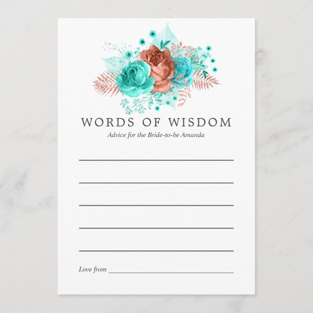 Turquoise and Coral Tropical Floral Bridal Advice Card (Front)