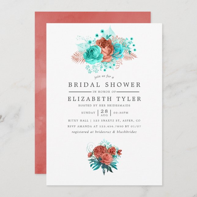 Turquoise and Coral Tropical Floral Bridal Shower Invitation (Front/Back)