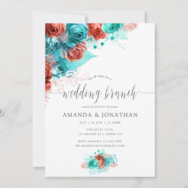 Turquoise and Coral Tropical Floral Wedding Brunch Announcement (Front)