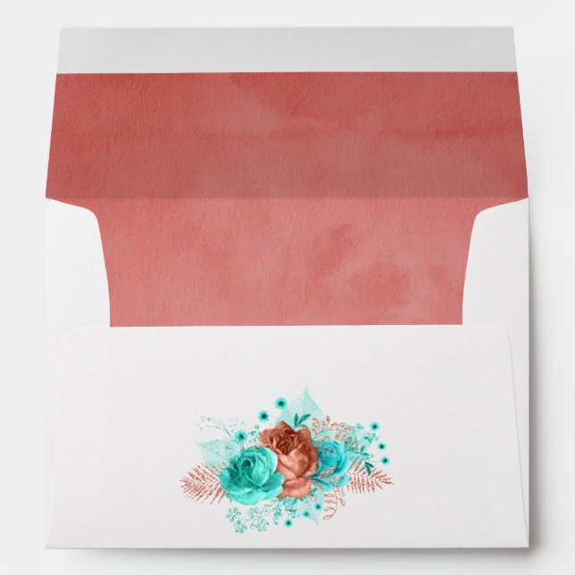 Turquoise and Coral Tropical Floral Wedding Envelope (Back (Bottom))