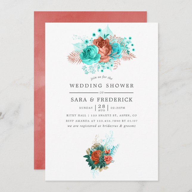 Turquoise and Coral Tropical Floral Wedding Shower Invitation (Front/Back)