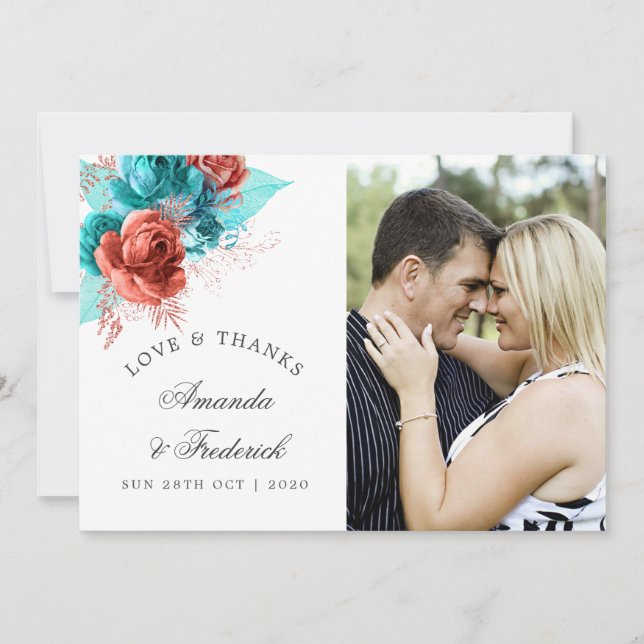Turquoise and Coral Tropical Wedding Thank You Card (Front)