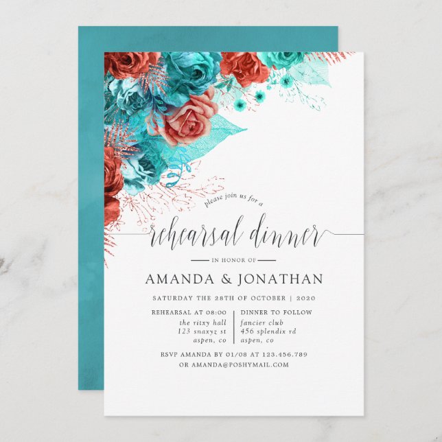Turquoise and Coral Wedding Rehearsal Dinner Invitation (Front/Back)
