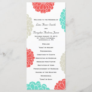 Turquoise and Coral Zinnia Flower Wedding Program