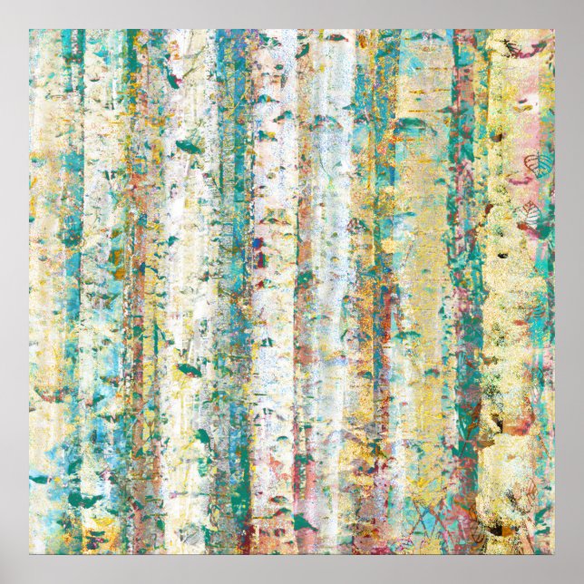 Turquoise and Cream Abstract Birch Trees Poster (Front)
