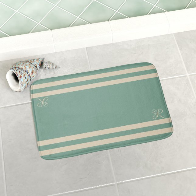 Turquoise and Cream Stripes Nautical Bath Mat (An ocean green bath mat with sailor stripes and your initial. Available in 3 sizes - S, M & L)