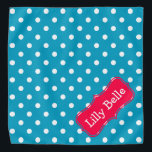Turquoise and Flower Pink Polka Dot Personalised Bandana<br><div class="desc">Cute white polka dots on bright turquoise with a fun Tropical Flower Pink label that you can personalise with your choice of name or special text.</div>