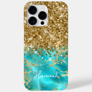 Turquoise and Glittery Gold Glam Personalised Case-Mate iPhone 14 Pro Max Case